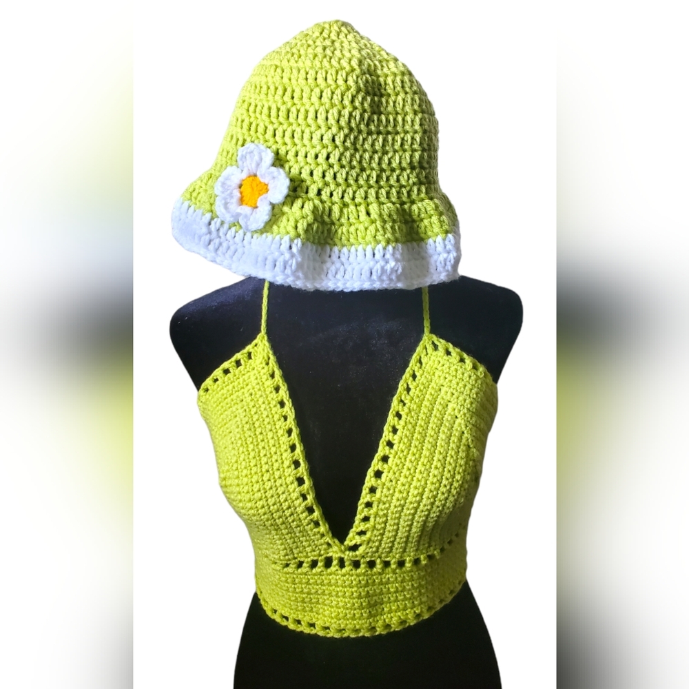Spring Lilly Crochet Top Handmade Medium & Bucket Hat
